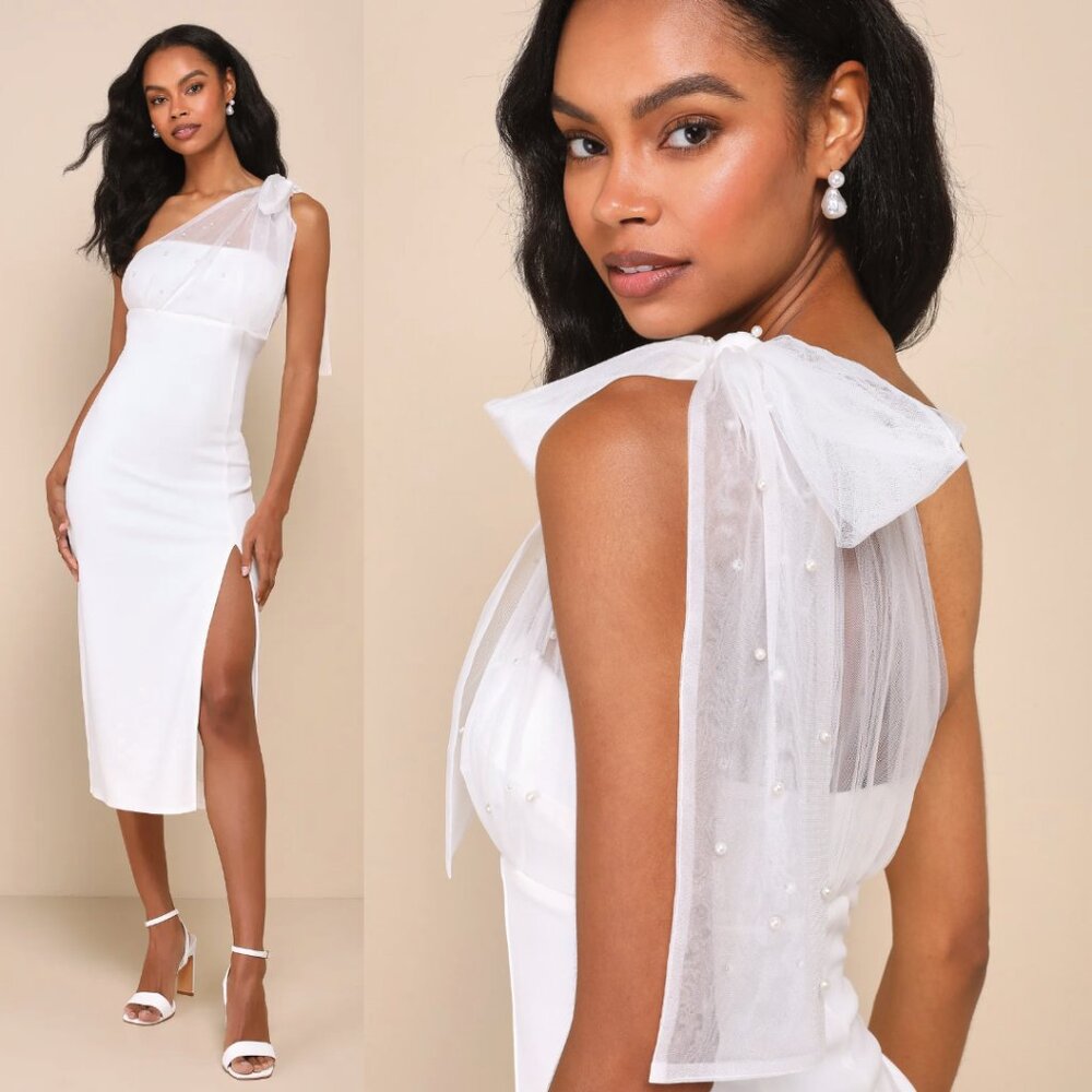 NWOT Lulus Elegant Indication Ivory Mesh Pearl One-Shoulder Midi Dress